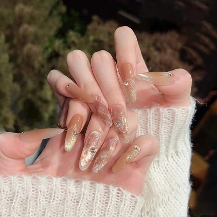 GIRLPLUS『旧金山』金色带钻猫眼手绘纯手工穿戴甲气质显白长美甲