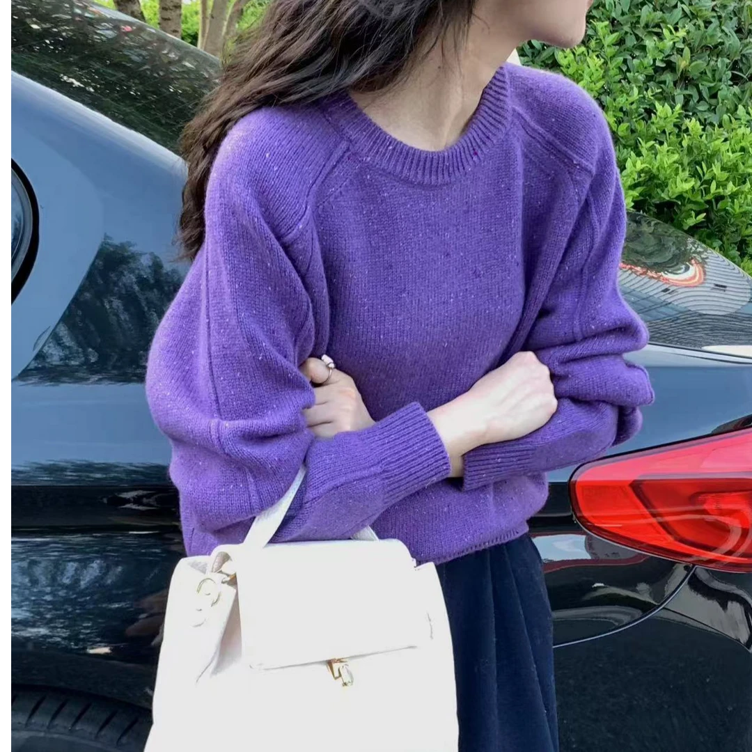 羊毛圆领打底衫宽松纯色针织衫优雅秋冬新款厚款不褪色常规
