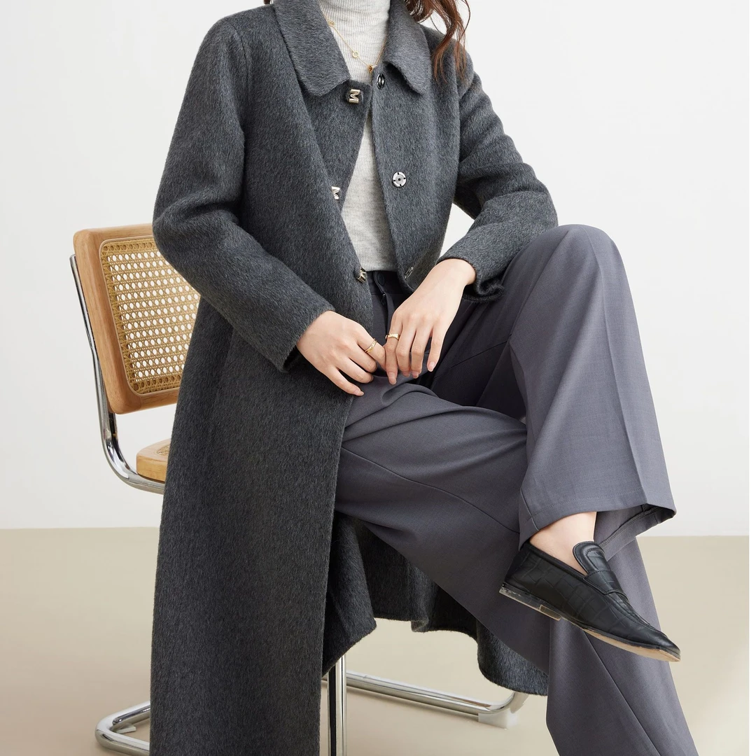 双面大衣24年新款秋冬高端女长款过膝枣红色中年女呢子大衣6678