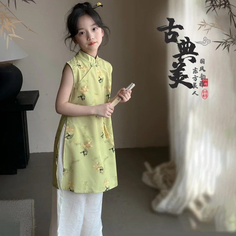 【烟雨江南旗袍套装】2025年女童中国风夏季新款新中式旗袍裤裙套装