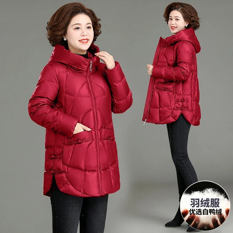 中老年妈妈冬装羽绒棉服中长款大码女装秋冬加厚保暖白鸭绒