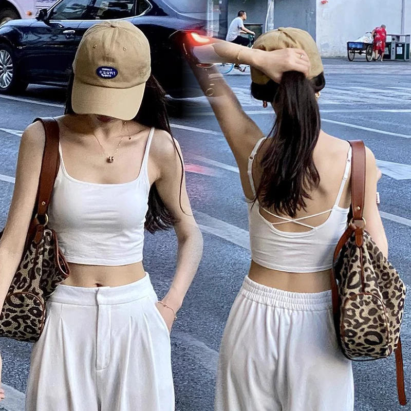 露脐装棉吊带背心夏季外穿美背内衣文胸一体打底辣妹性感短款上衣