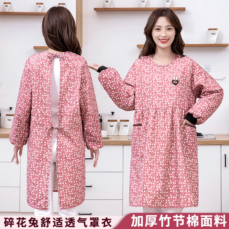 JIAQILI/佳绮利清新碎花兔竹节棉罩衣家用做饭耐磨防尘透气时尚女