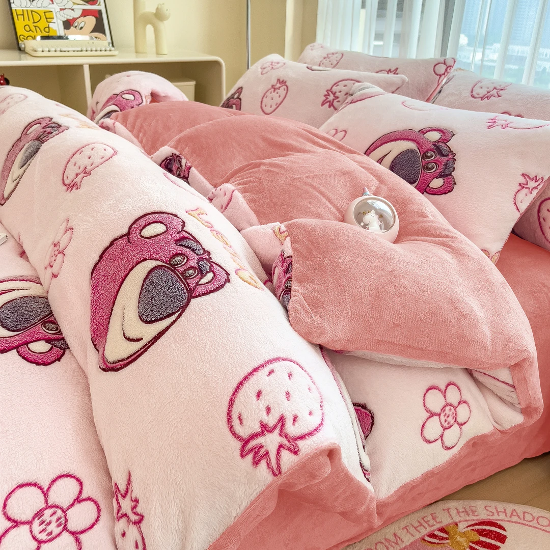 正版授权雪花绒卡通加厚牛奶绒三件套四件套加绒单件床单被套被罩