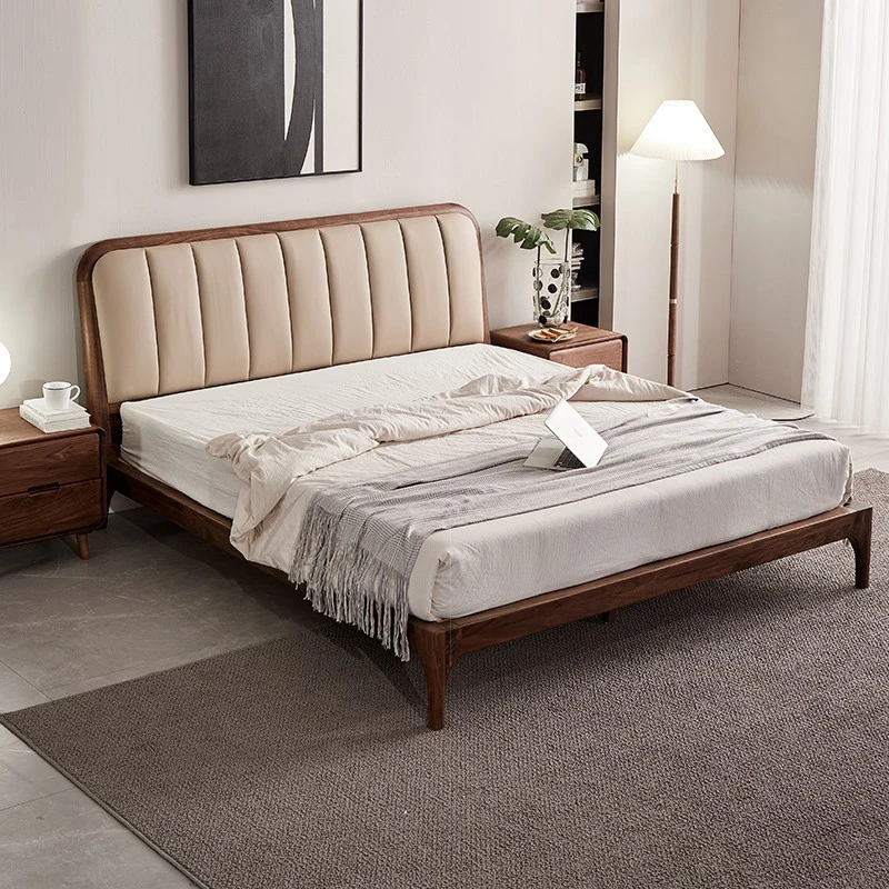北欧实木床卧室双人床黑胡桃木1.8米床高端床软包真皮床主卧家具