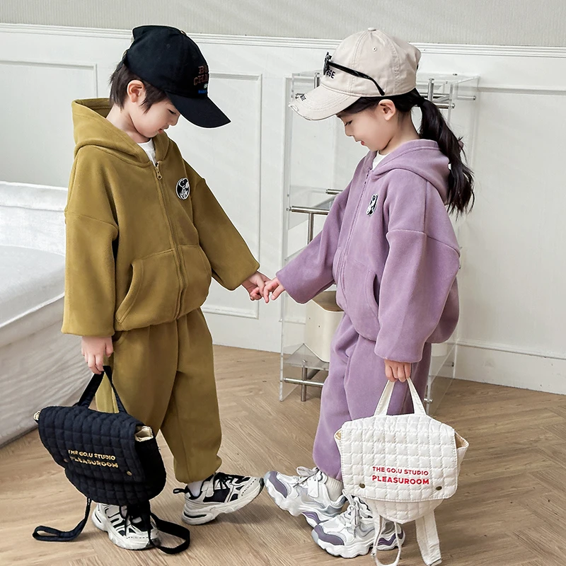 加绒加厚儿童运动套装男女童秋冬外套中小童宝宝卫衣裤子两件套潮