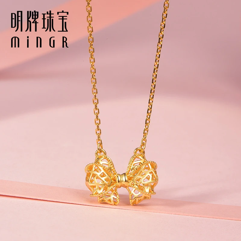 T明牌珠宝黄金蝴蝶结项链足金灵感蝴蝶结套链镂空金链首饰AFB0247