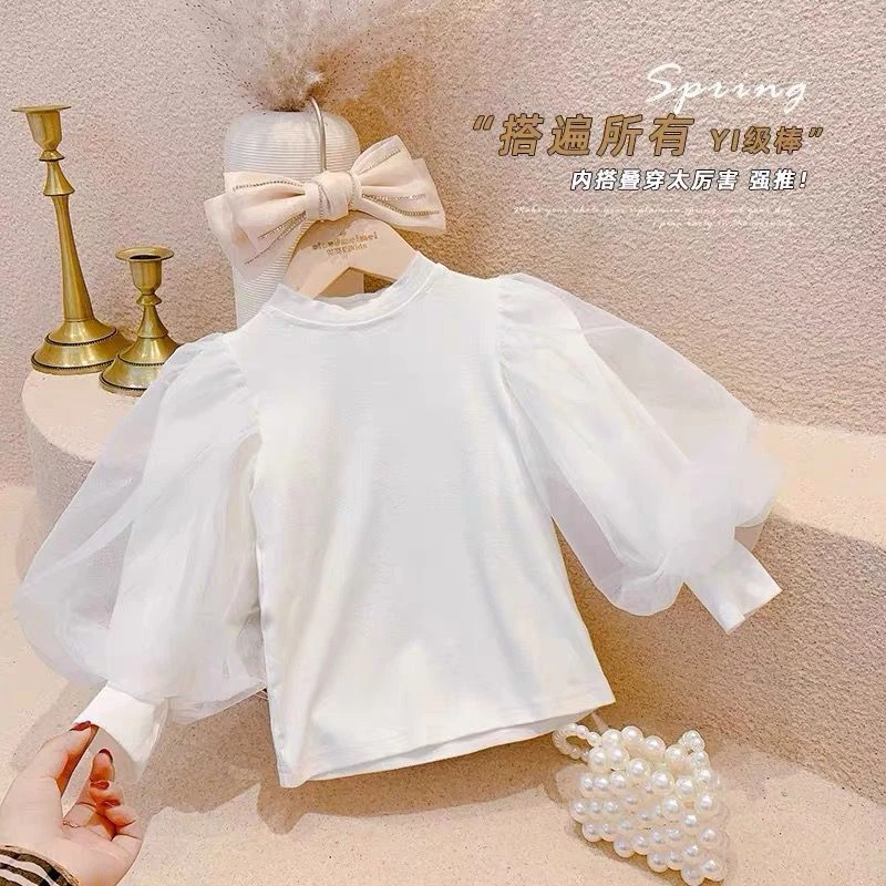 2025童装女春秋款网纱公主泡泡袖女童宝宝打底衫小童上衣韩版