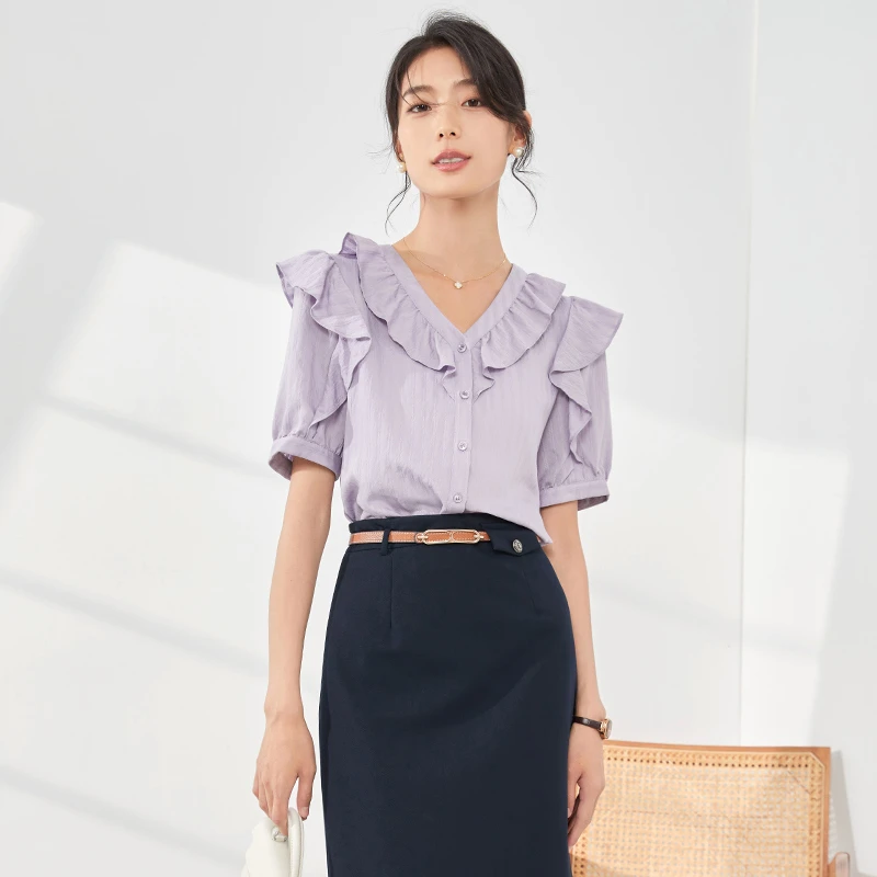【佳莹专选】专柜同步夏季新款遮肉显瘦减龄衬衫8392214柔紫色