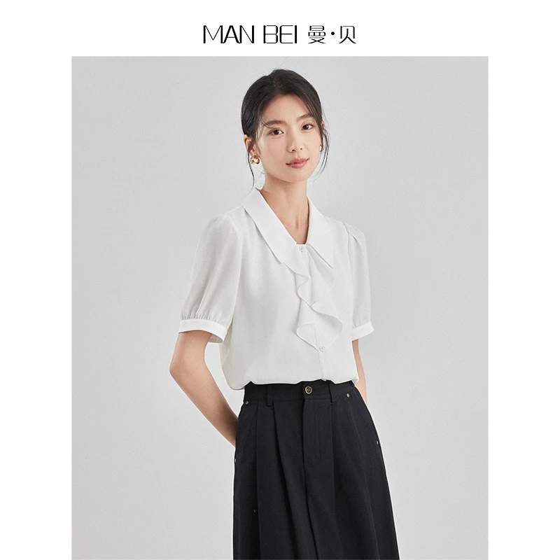 【雅丹风】】夏季短袖衬衫女设计感新款v领宽松气质漂亮小衫8492225A