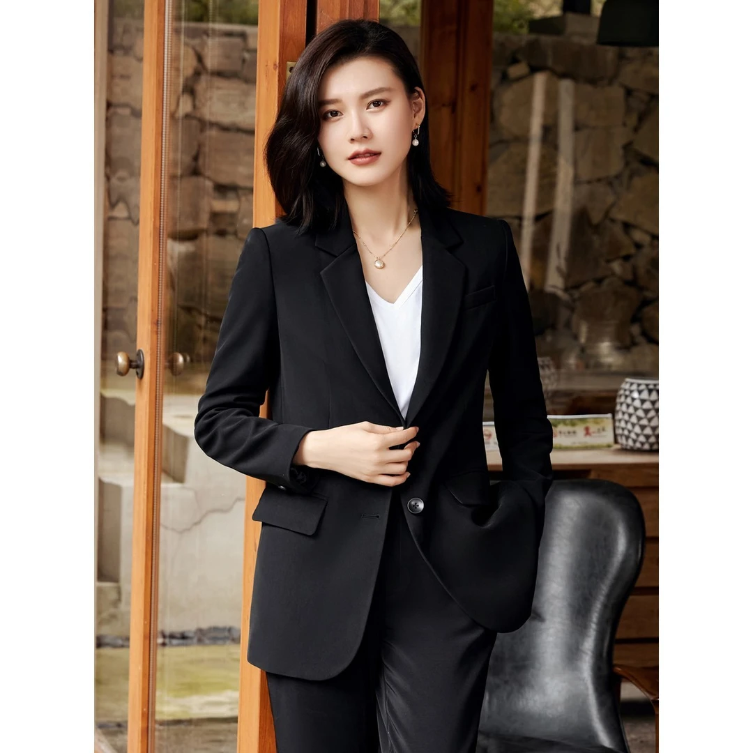 曼贝秋季新款百搭气质显瘦遮肉显瘦气质时尚女士职业黑色西装5290