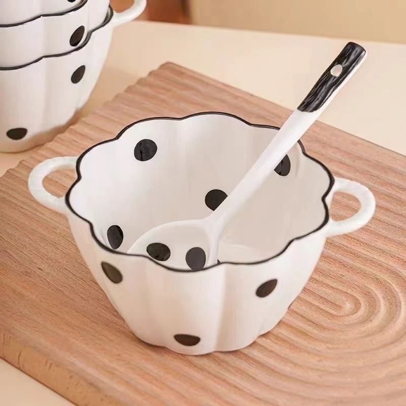 赫本风波点陶瓷6英寸双耳碗家用水果沙拉碗吃饭碗ins风学生餐具