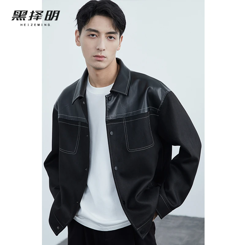 黑择明男士23秋季新款PU皮时尚休闲百搭拼接翻领夹克外套HAA14809