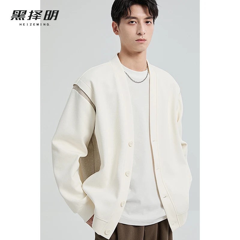 黑择明2024男士秋季新款时尚撞色拼接V领开衫针织衫HVB3K80005
