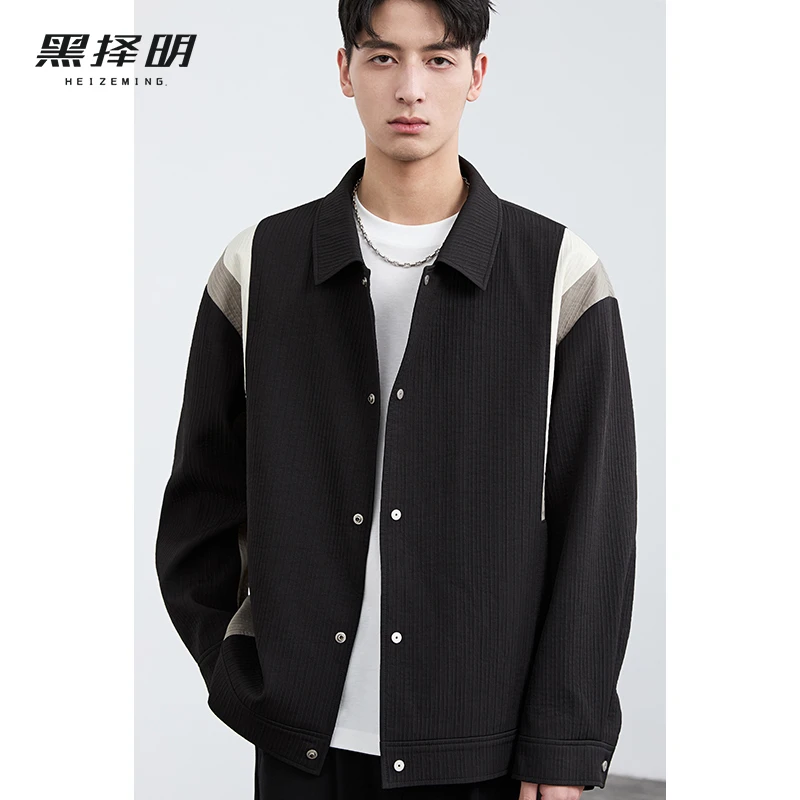 黑择明男士拼接撞色坑条夹克春季新款休闲宽松外套HAB1J95009