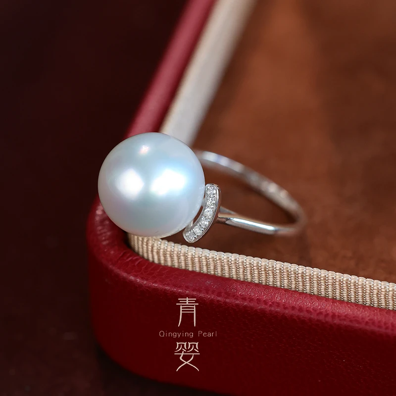 天然海水南洋白珠珍珠戒指11-12mm18K金澳白冷白光女多样性发一个