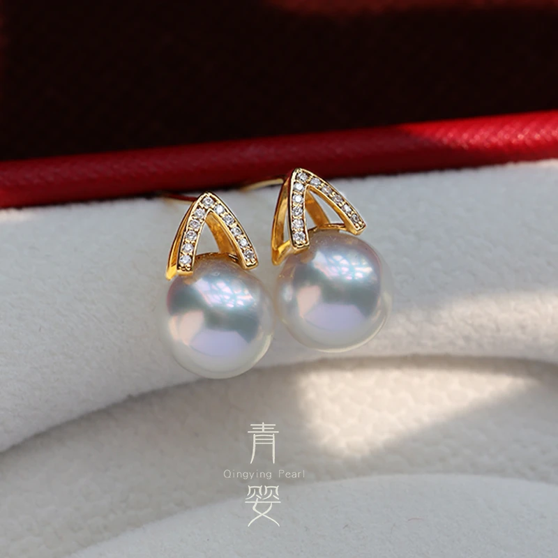 天然海水澳白珍珠耳环 18K金镶嵌9-10-11耳钉耳饰女 多样性发一对