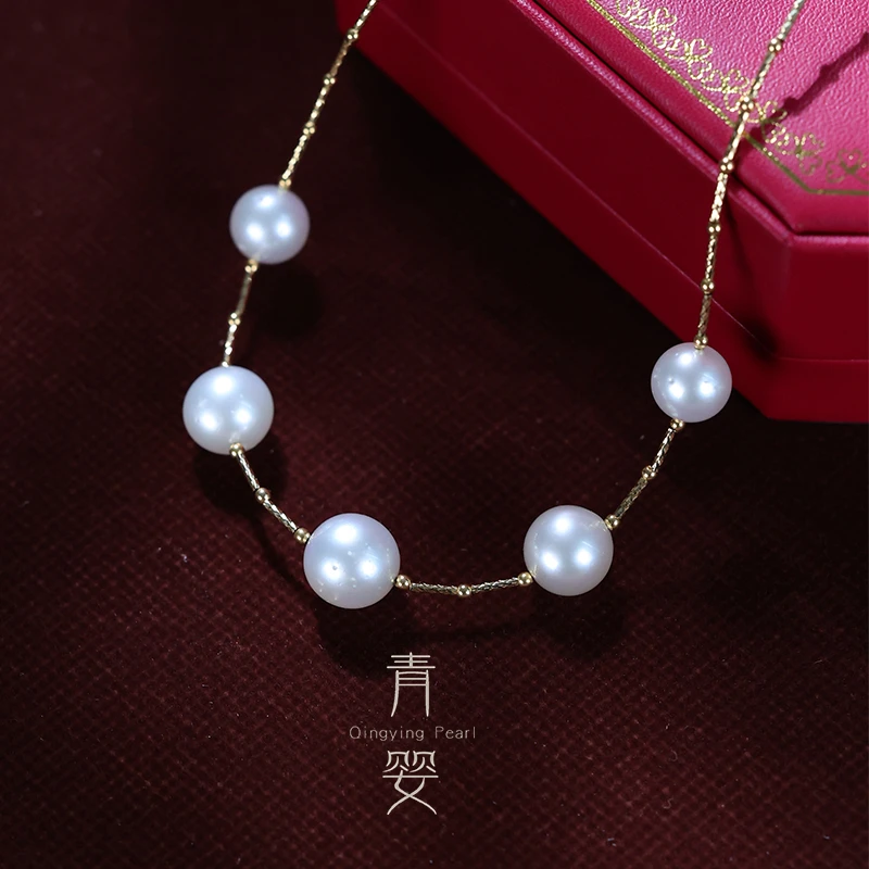 天然海水澳白珍珠项链 18k金五颗南洋白珠颈链9-10mm多样性发一条