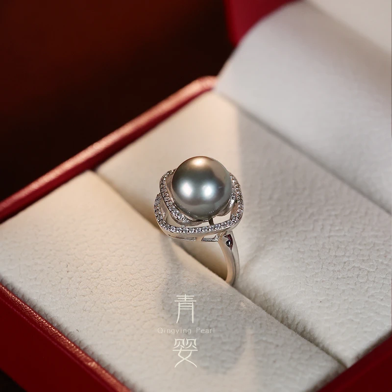 海水大溪地珍珠开口戒指10-11mmS925银镶嵌玫瑰花戒多样性发一个