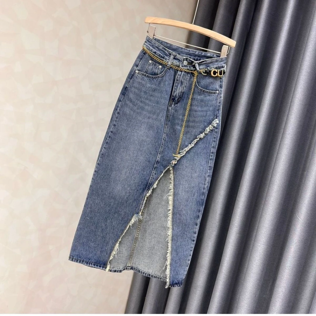 高腰开叉牛仔半身裙女美式新款春夏中长款遮胯a字小个子包臀裙女