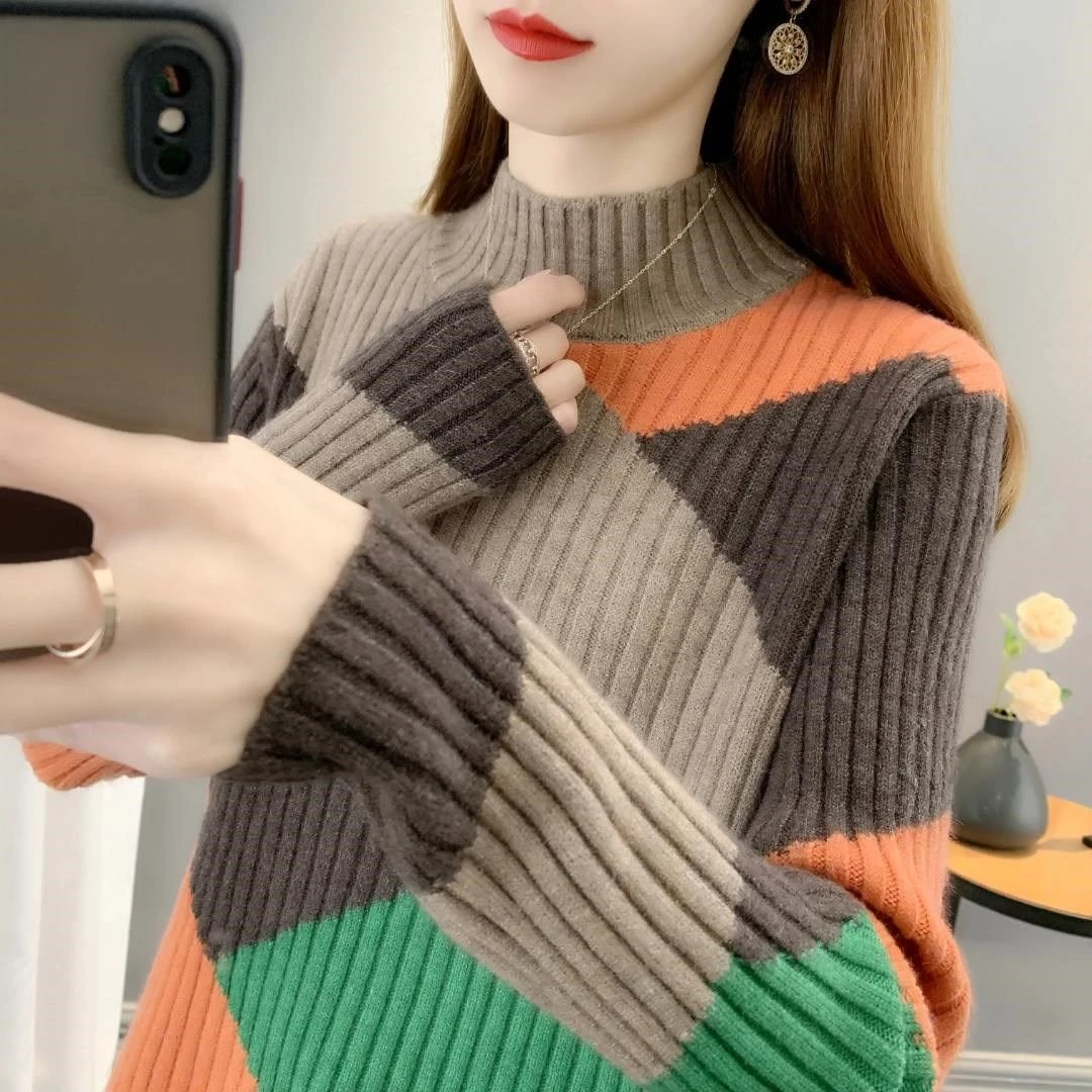 拼色洋气毛衣女韩版针织衫上衣套头