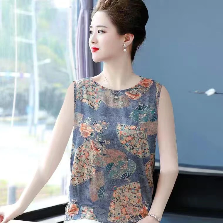 妈妈装夏季新款大码女装中老年无袖上衣小衫民族风圆领冰丝背心女