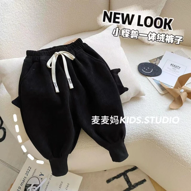 D086【麦麦妈】男女宝宝小童小怪兽造型一体绒裤子灯芯绒儿童哈伦裤