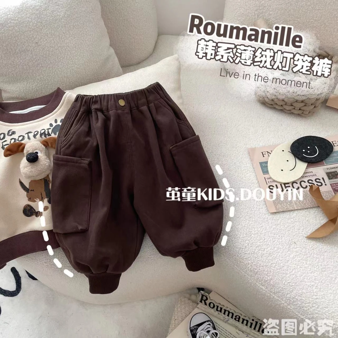 【麦麦妈】D241冬季韩系小童一体绒工装口袋束脚裤冬款时尚裤子秋冬
