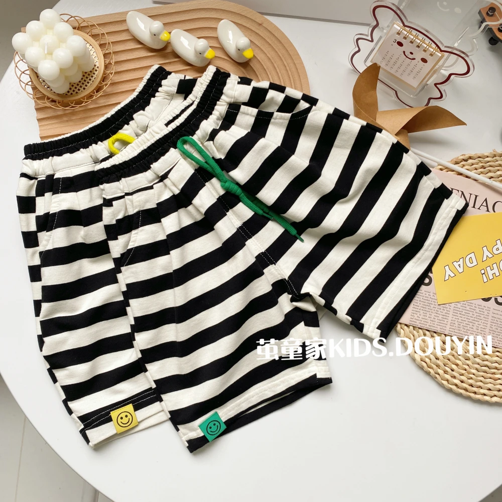 X180夏款小童弹力黑白条纹中裤宝宝韩系休闲裤子时尚