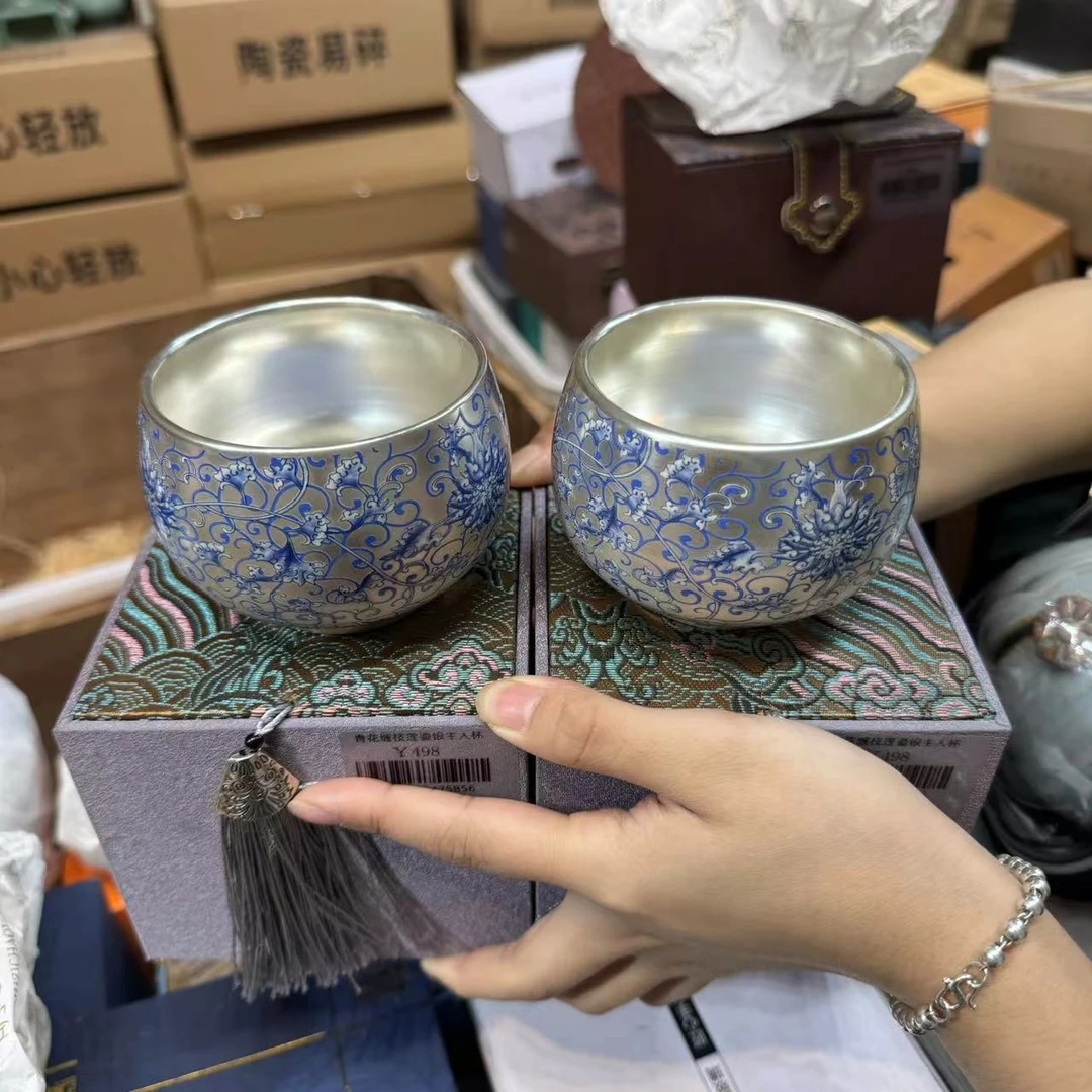 【闪购商品】 周鸿杰收藏级青花缠枝莲禅定鎏银高端银杯 3008x2