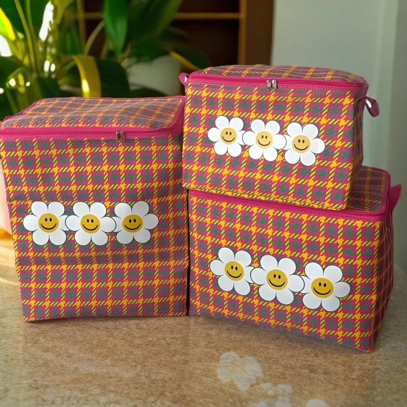 笑脸花时尚带钢圈拉链可爱棉被衣物防潮防尘大容量帆布储物袋家用