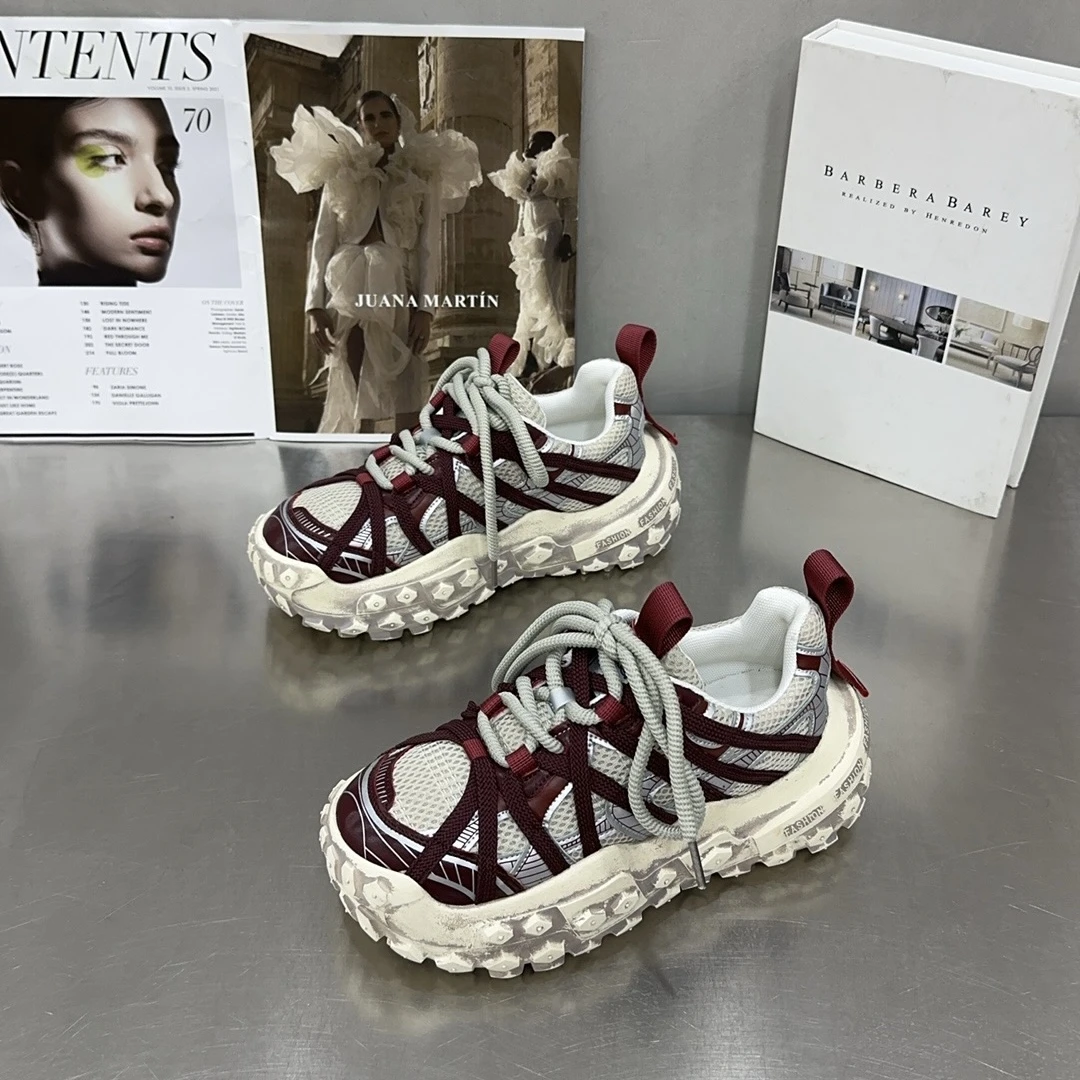 2024秋季新款炸街老爹鞋女厚底增高松糕休闲鞋擦色做旧时尚运动鞋