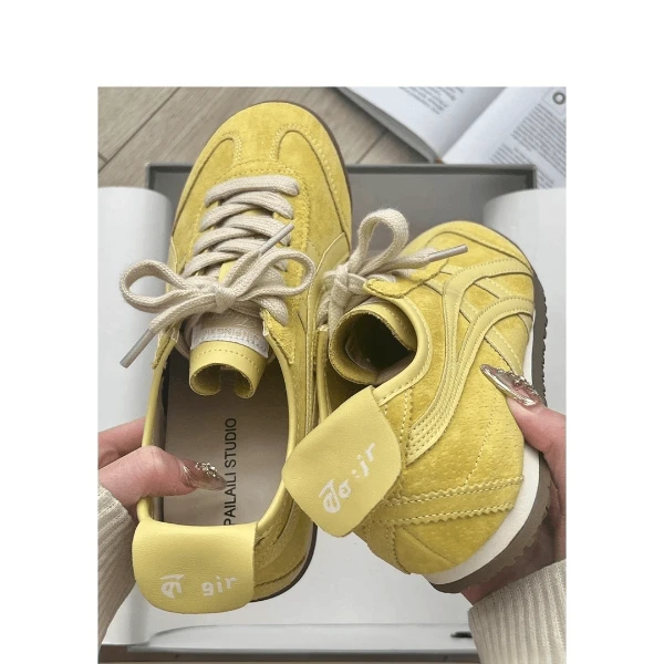 小众黄色德训鞋平底内增高板鞋女2024秋新款复古韩系阿甘运动休闲