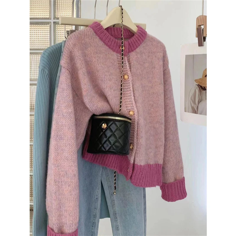 【小香】拼色加厚春秋季毛衣长袖针织衫小香风气质上衣外套