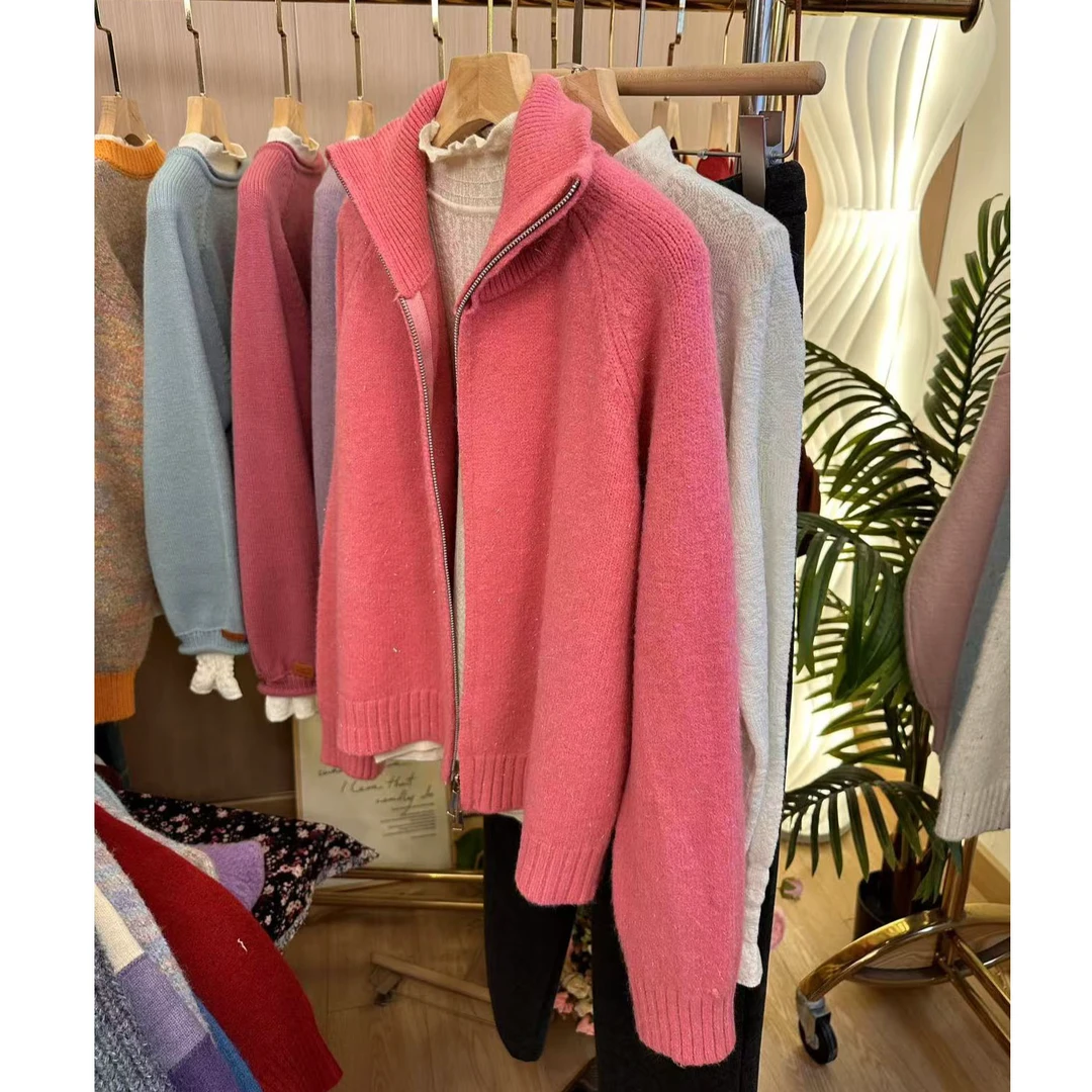 双拉链毛衣针织衫开衫宽松立领秋冬慵懒风加厚短款外套