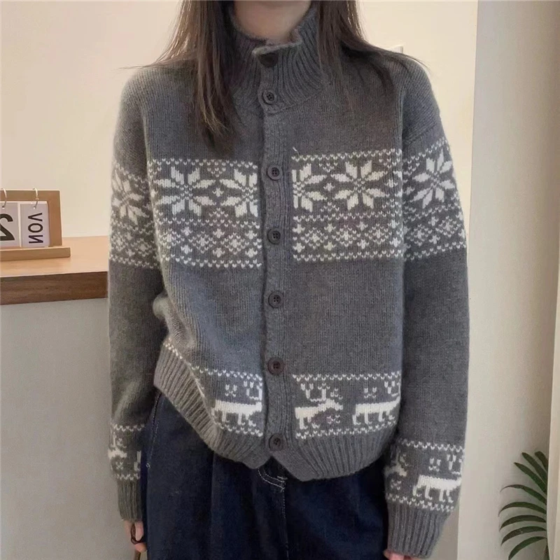 【雪花小鹿】长袖针织衫复古宽松加厚半高领秋季毛衣外套女