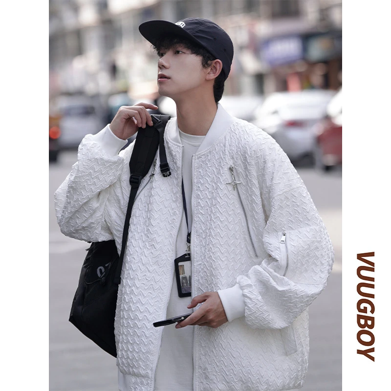 VUUG立体水波纹棒球服外套男春秋季潮牌港风宽松百搭男士休闲夹克