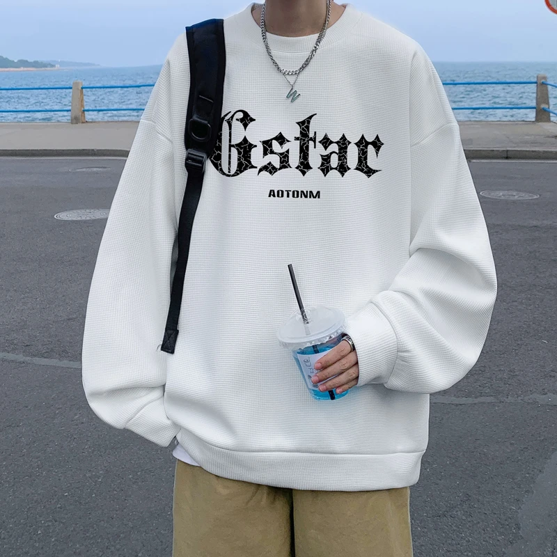 白色圆领卫衣男士春秋季华夫格港风潮牌ins潮流无帽宽松休闲上衣