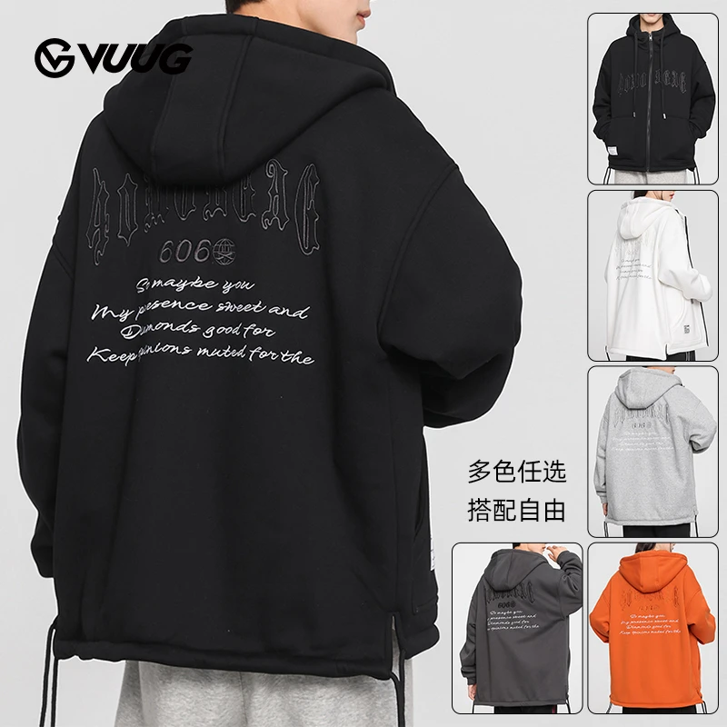 VUUG拉链开衫卫衣男秋季潮牌万针刺绣连帽美式休闲百搭男休闲夹克