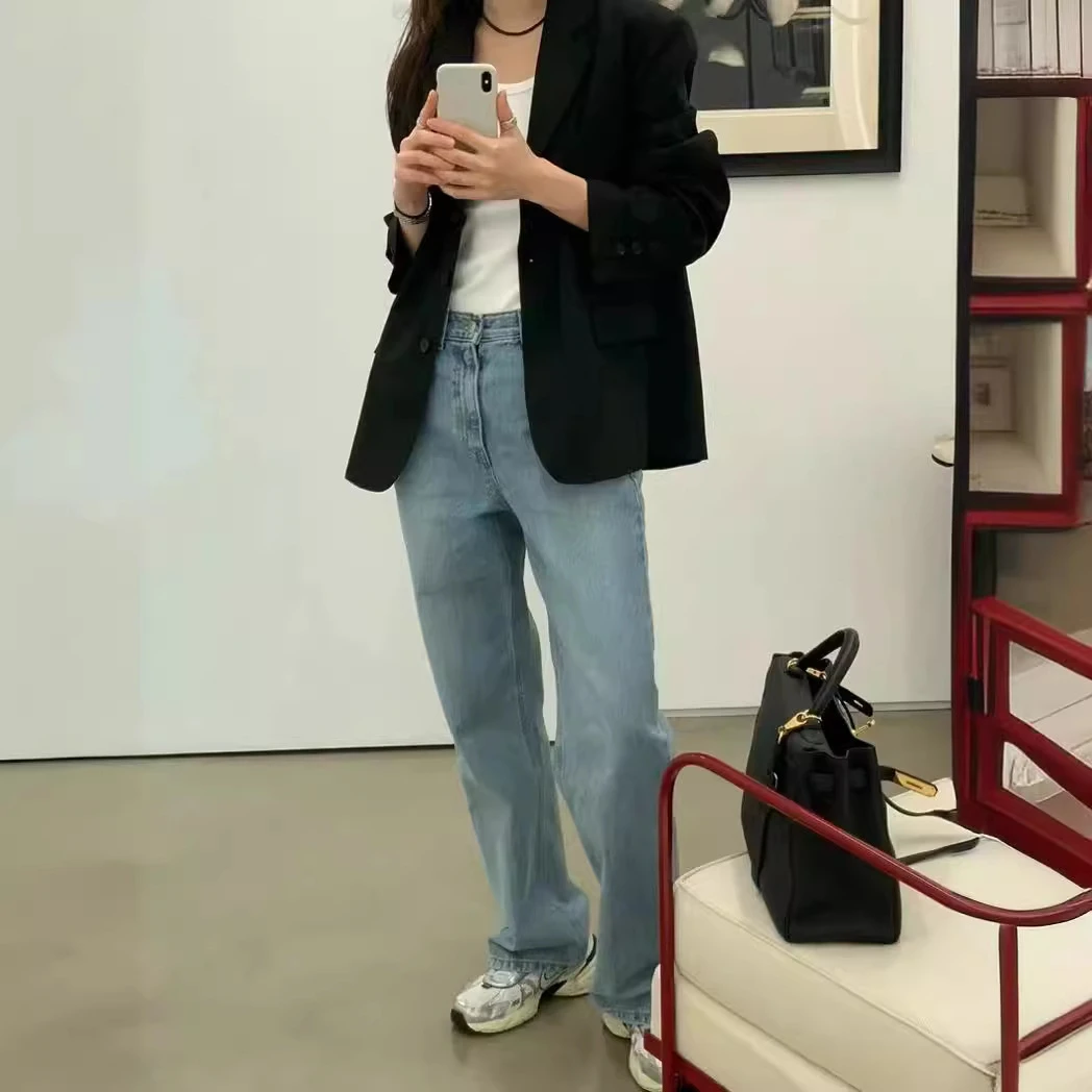 韩单风oun24年春夏新款百搭浅蓝色高腰直筒显瘦牛仔裤2457-k