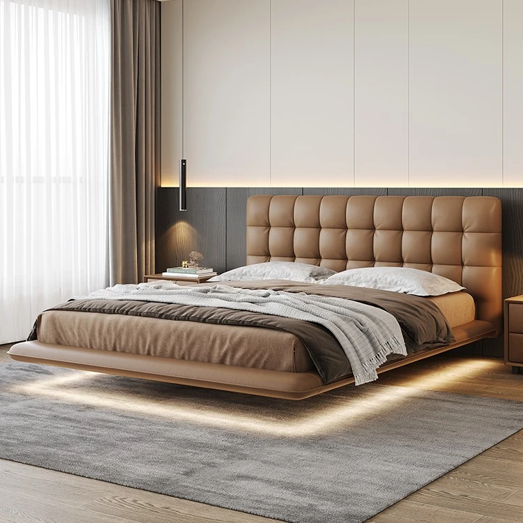 奢美伦棋盘格悬浮床主卧室轻奢高端大气软包婚床意式极简真皮床