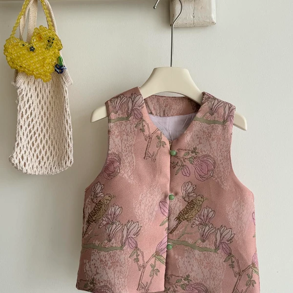 【向芽】定制款鸟语花香圆领款新中式宋锦手工马甲外套提花