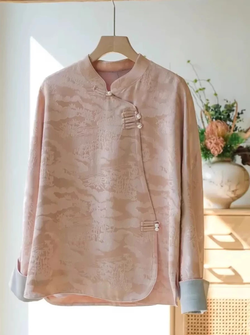 今年流行小个子新中式复古国风唐装上衣粉色内搭打底盘扣衬衫女冬