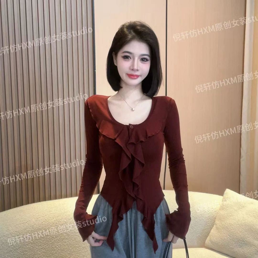 【现货】秋季重工荷叶边设计感2024秋季新款开衫上衣T恤9901