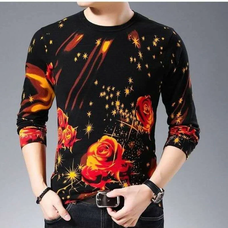 夏季韩版男装修身休闲男士圆领时尚潮流薄款印花春夏长袖打底衫