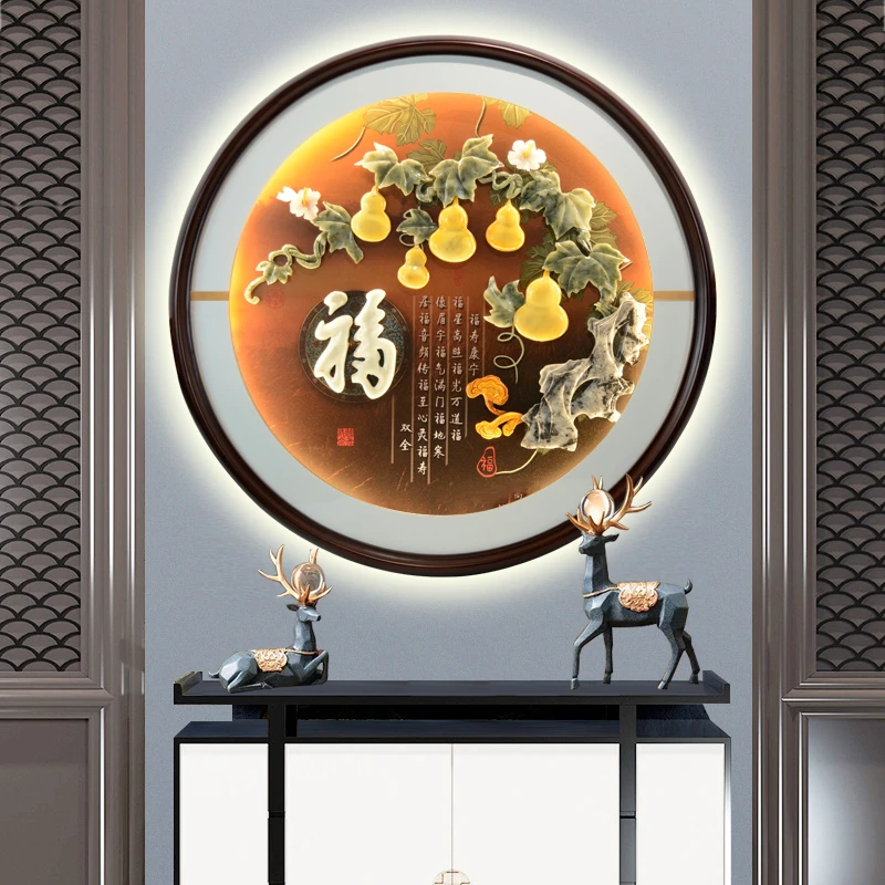 圆形入户玄关装饰画新中式高档入户装饰画客厅立体挂画玉雕画带灯