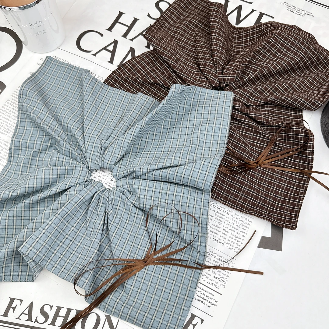 Mi33 韩版饰品 布艺格子超大方巾蝴蝶结发绳发圈 Q05062040