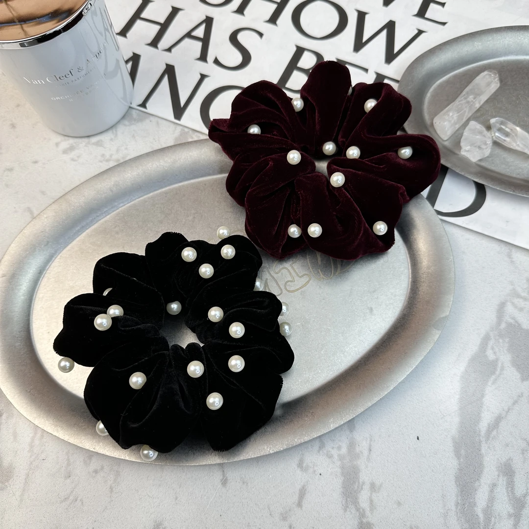 Mi33  复古头绳丝绒褶皱珍珠大肠发圈 Q34059Q66