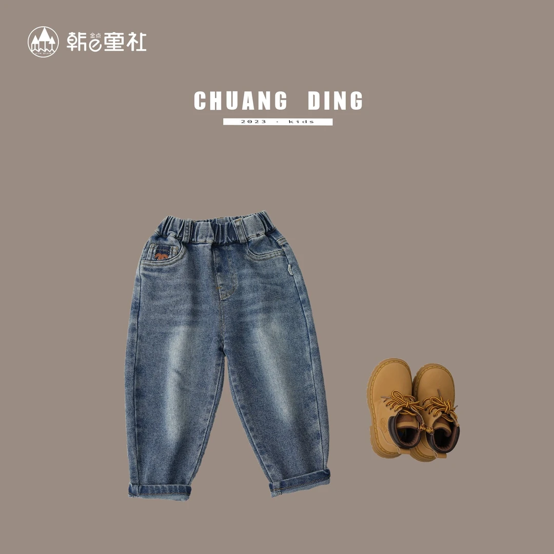 【反季】新款韩版时尚休闲牛仔裤儿童开裆裤子洋气宽松牛津腰长裤