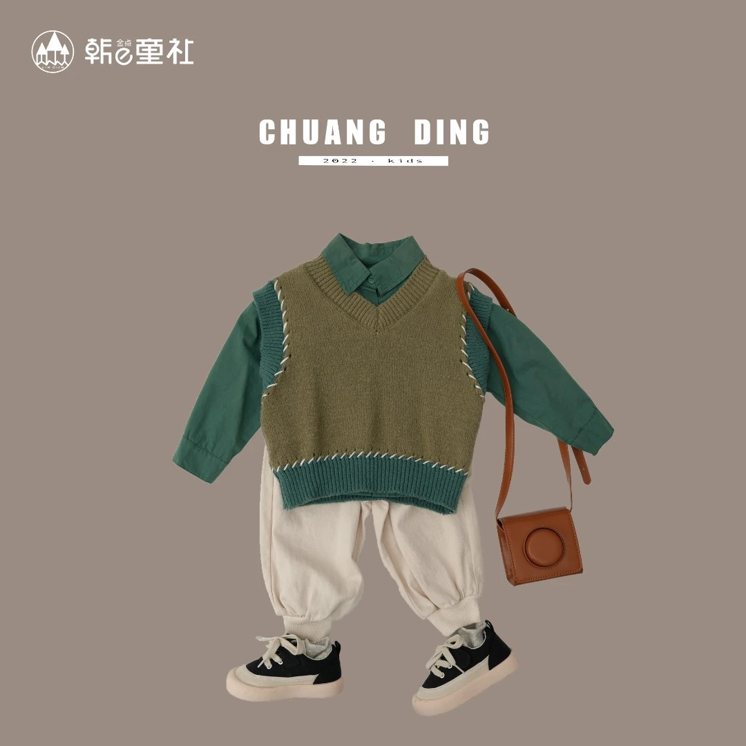 春秋季男女童新款韩式毛线马甲背心儿童小童时尚宽松中性上衣洋气